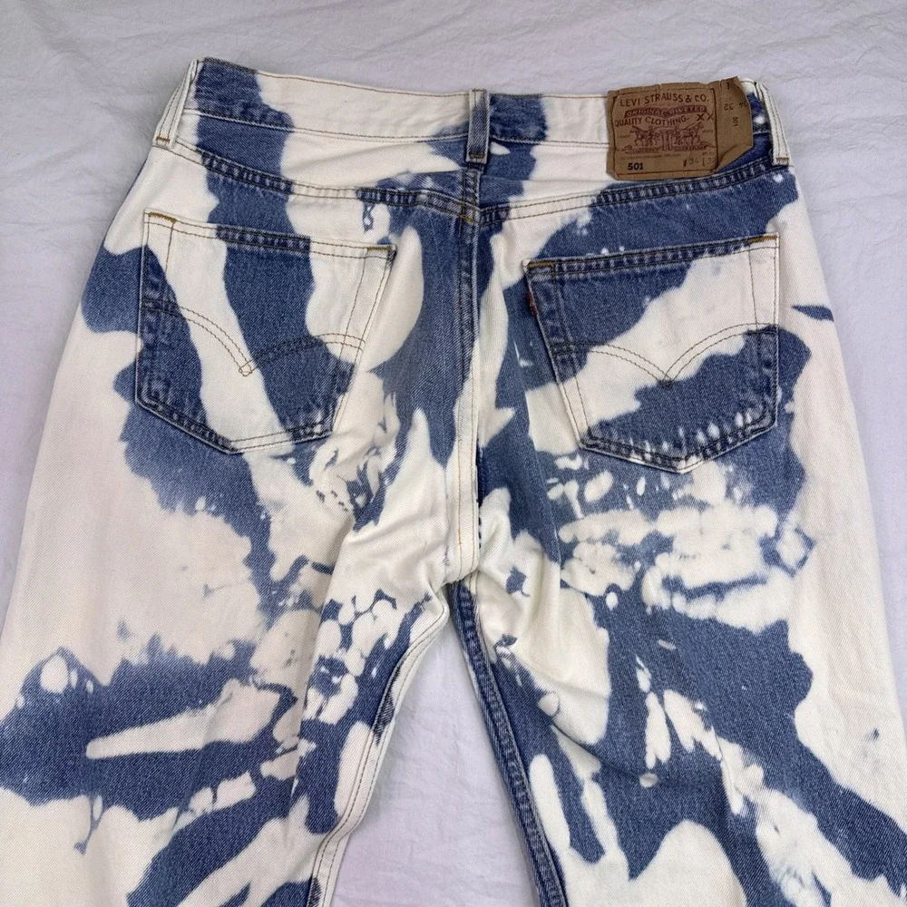 Vintage Levi 501 Jeans, Usa Made Custom Bleach Tie-Dye 3432 Rear Zip 100% Cotton